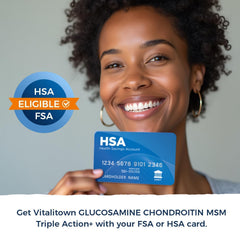 Vitalitown Glucosamine Chondroitin MSM bottle on desk conveys convenient at-home use.
