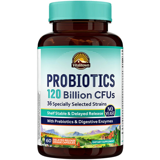 Vitalitown Probiotics bottle with 120B CFUs for digestive balance.