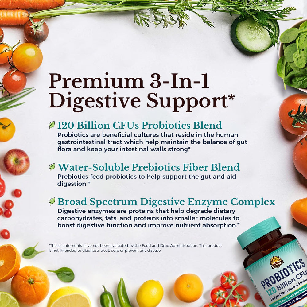 Vitalitown Probiotics with prebiotics and enzymes highlights digestive synergy.