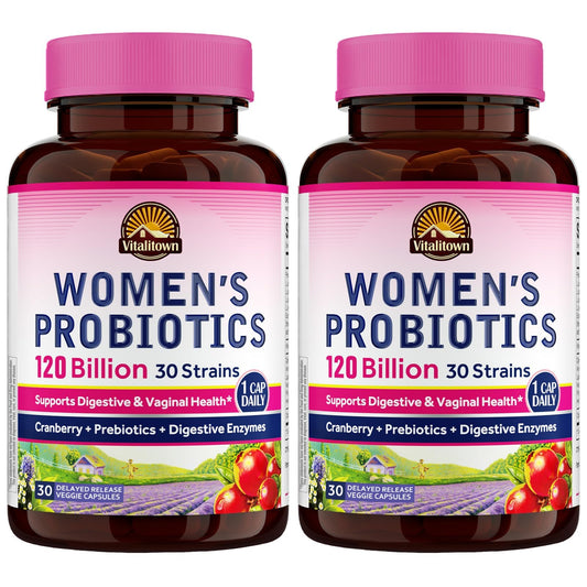 Vitalitown Probiotics for Women bottle pour supports daily gut balance.