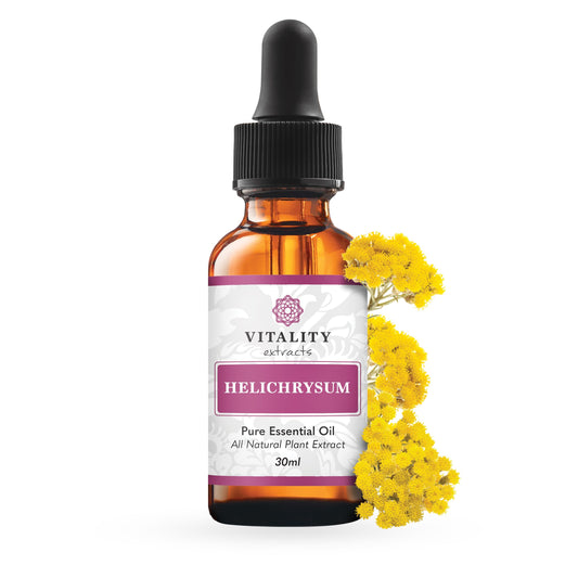 Vitality Helichrysum Essential Oil bottle displayed for skin support and aroma.