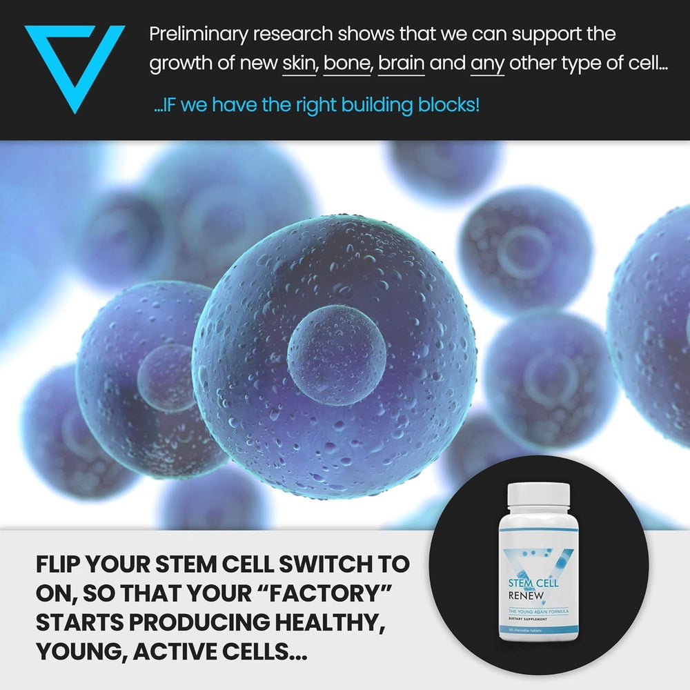 Vitality Now Stem Cell Renew bottle beside glass reinforces morning wellness ritual