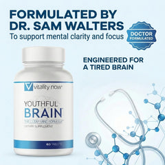 Close‑up of Youthful Brain tablets highlighting the advanced-strength dosage for brain support.