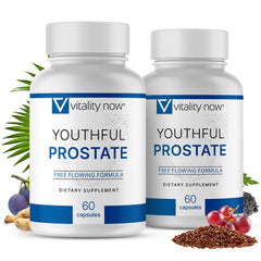 Vitality Now Youthful Prostate bottle featuring Saw Palmetto blend signals daily vitality.
