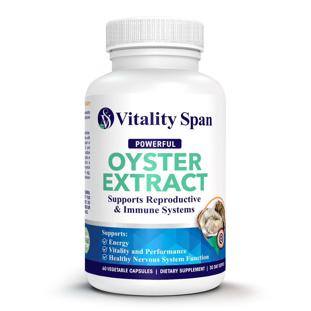 Vitality Span Oyster Extract capsule close-up showing pure oyster flesh for energy support.