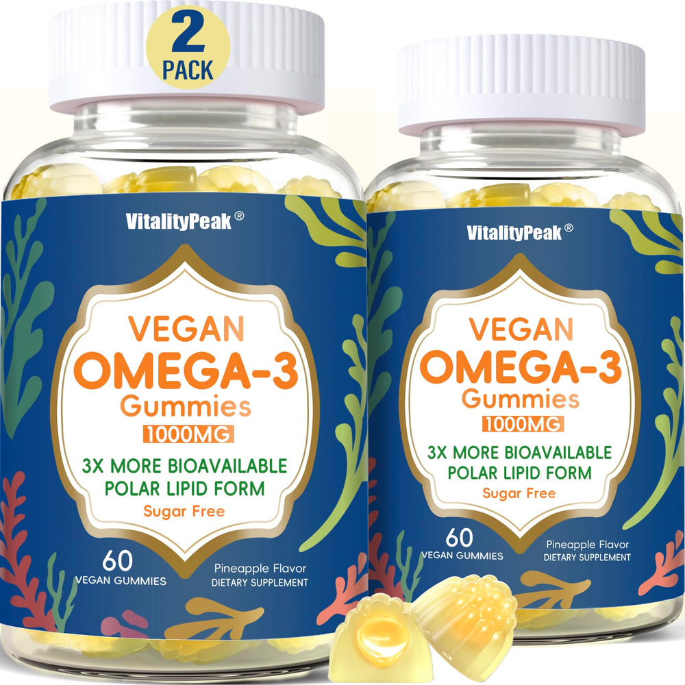 VitalityPeak vegan omega-3 gummies bottle with plant-based DHA and EPA support