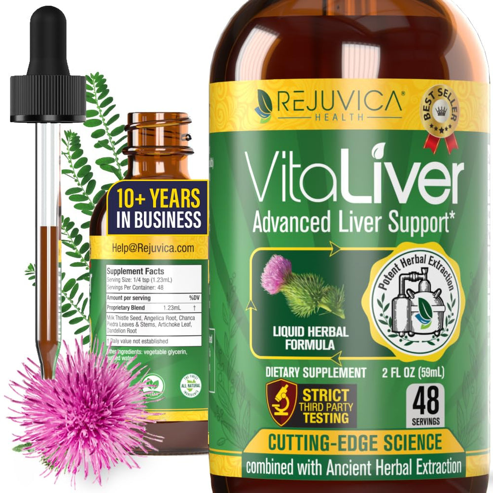 Rejuvica Health VitaLiver bottle supports a liver-friendly routine with liquid drops.