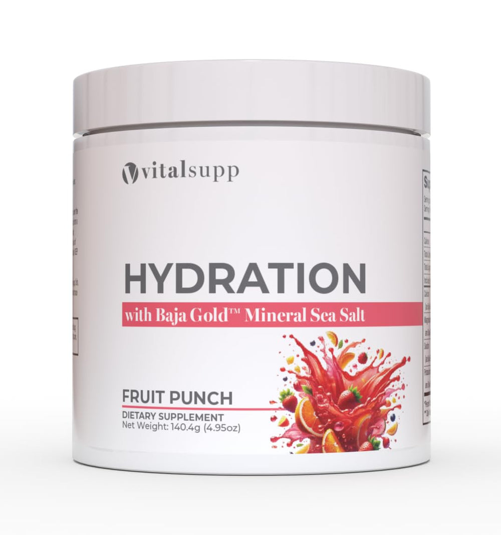 VITALSUPP Electrolyte Powder tub front highlighting Baja Gold Salt for enhanced hydration