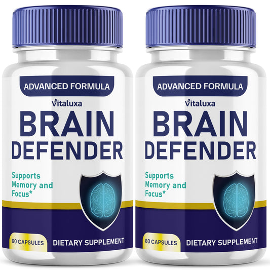 Vitaluxa Brain Defender bottle front view showing packaging and branding for daily focus.