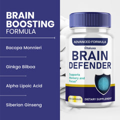 Vitaluxa Brain Defender capsules close-up highlighting compact nootropic pills.
