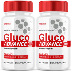 Vitaluxa GlucoAdvance bottle pouring capsules for everyday wellness support.
