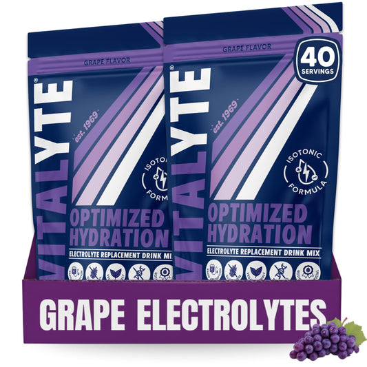 Vitalyte electrolyte powder grape tub 2-pack on countertop, convenient hydration for workouts