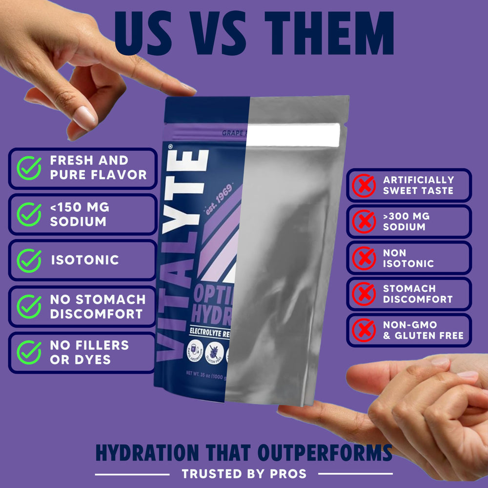 Vitalyte grape flavor single-serve packets ready to mix before training