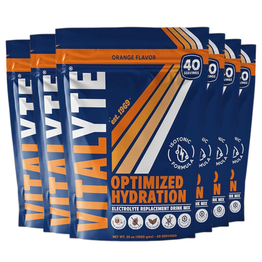 Vitalyte orange electrolyte powder container for quick hydration during workouts.