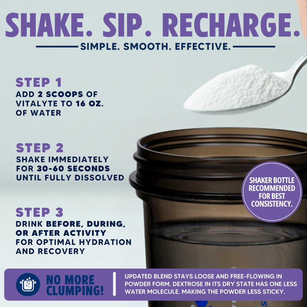 Vitalyte scoop beside powder as it dissolves in water.