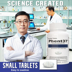 Vitamart Phent37 tablet closeup with blue-white speckles