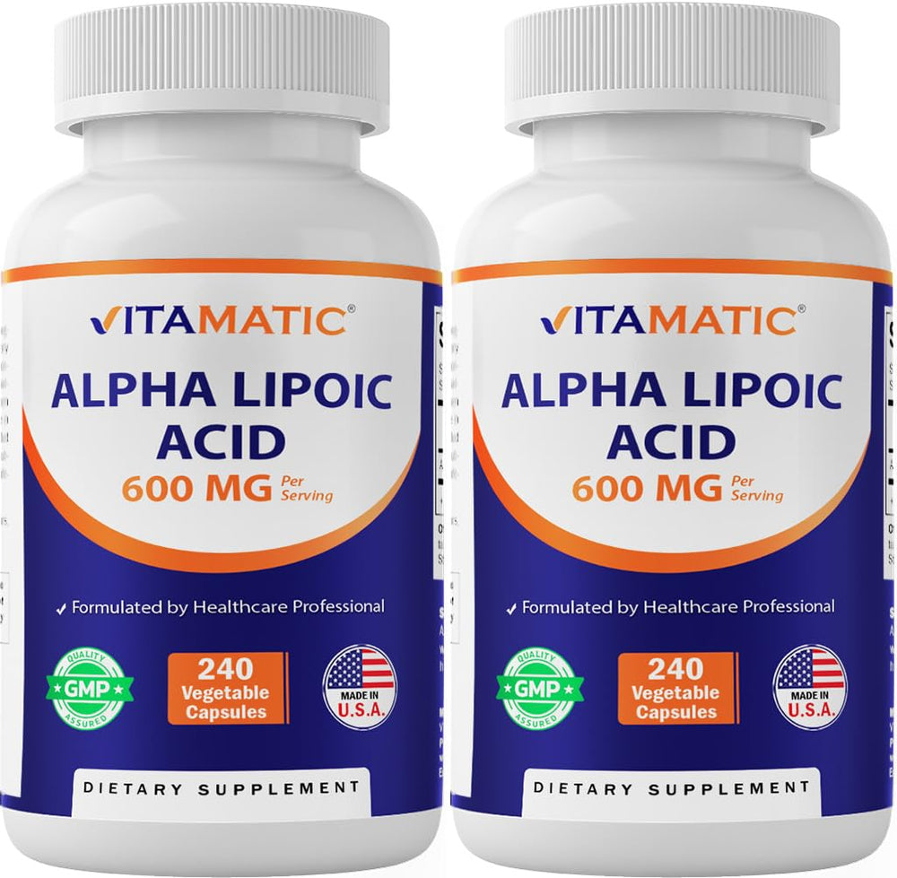 Vitamatic Alpha Lipoic Acid 600mg bottle front for antioxidant support in daily wellness.