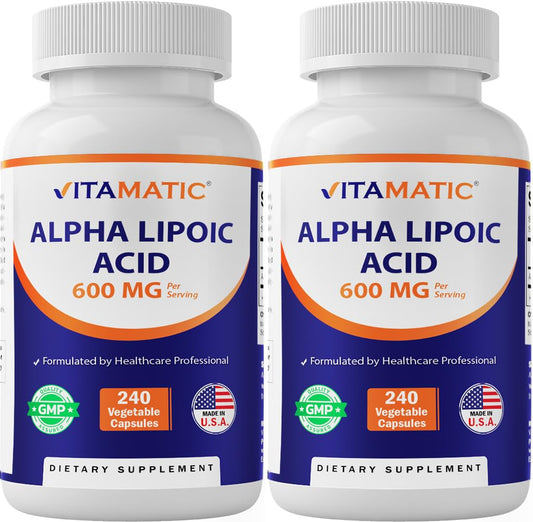 Vitamatic Alpha Lipoic Acid 600mg bottle front for antioxidant support in daily wellness.