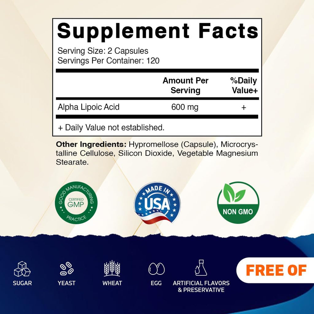 Vitamatic Alpha Lipoic Acid 600mg capsules closeup showing compact vegetable capsules.