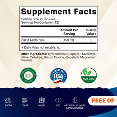 Vitamatic Alpha Lipoic Acid 600mg capsules closeup showing compact vegetable capsules.