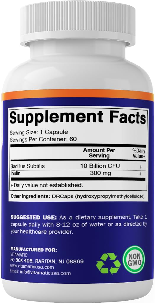 Label close-up reveals prebiotic inulin content and capsule details.