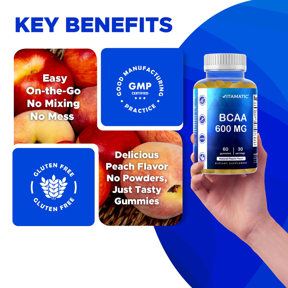 Vitamatic BCAA Gummies Peach three-bottle collection offers steady supply for weeks.
