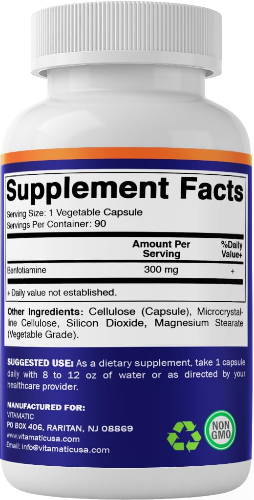 Vitamatic Benfotiamine bottle and cap showing usage hints.