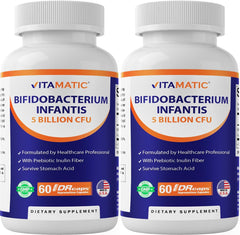 Vitamatic Bifidobacterium Infantis capsules in bottle for daily digestive balance.