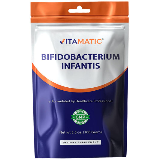 Vitamatic Bifidobacterium Infantis Probiotic Powder bottle label shows 100 servings for daily digestive support