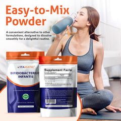 Close-up of Vitamatic probiotic powder container emphasizing clean formula and high potency