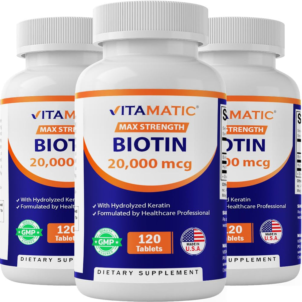 Vitamatic Biotin 20000mcg Keratin 100mg bottle front for hair and nails support.