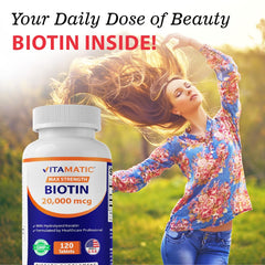 Vitamatic Biotin 20000mcg Keratin 100mg packaging box image emphasizes USA-made quality.