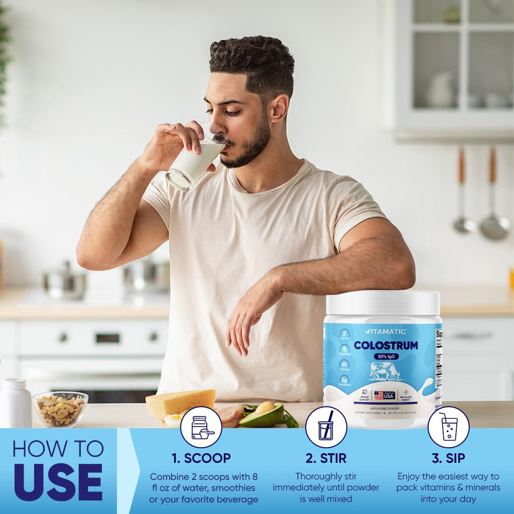 Vitamatic Bovine Colostrum Powder container emphasizes gluten-free and GMO-free formulation