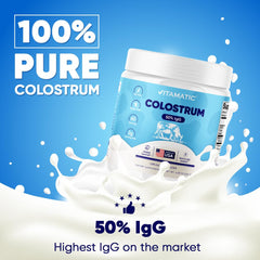 Vitamatic Bovine Colostrum Powder label close-up showing GMP and FDA registered facility