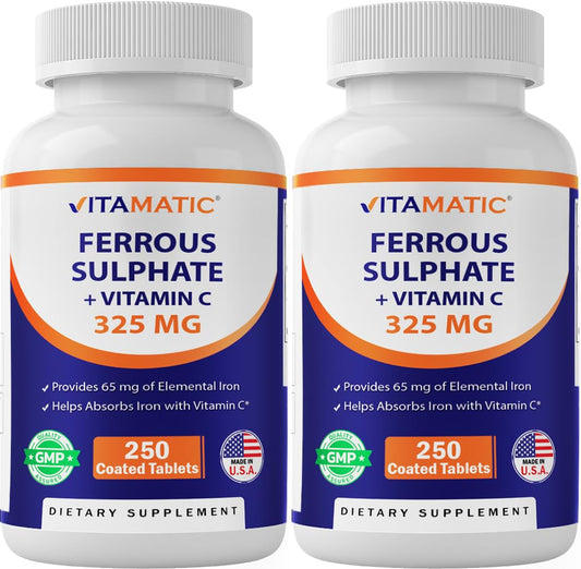 Vitamatic Ferrous Sulfate 325mg bottle label highlights high-potency iron for daily support.