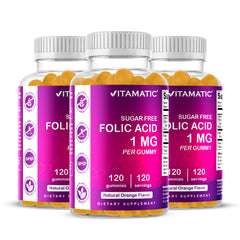 Vitamatic folic acid gummies bottle front for convenient prenatal support