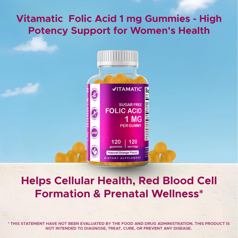 Vitamatic folic acid gummies packaging flatlay
