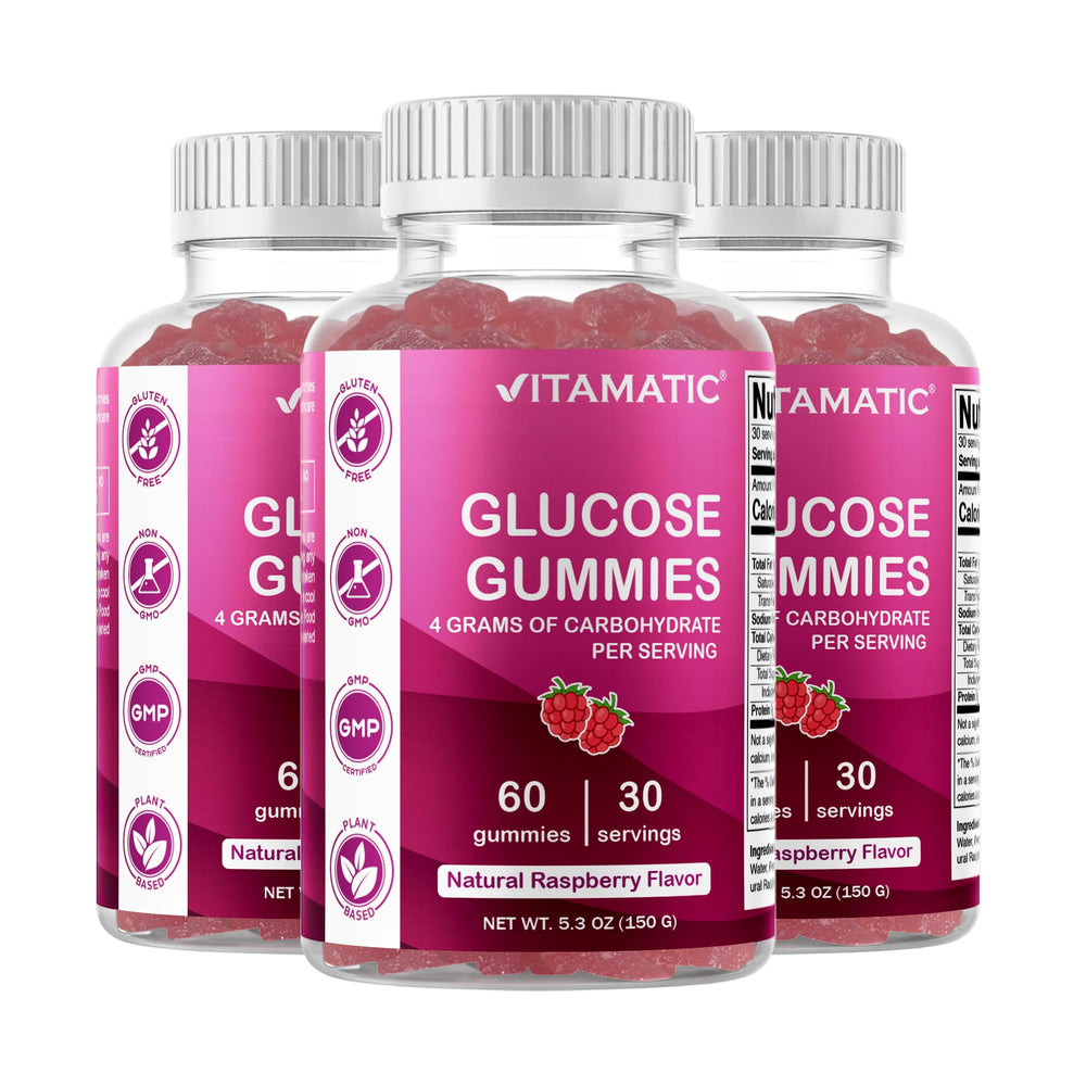 Vitamatic Glucose Gummies bottle shows natural raspberry flavor for easy energy on the go