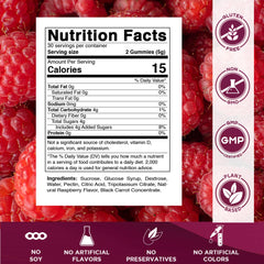 Closeup of gummies highlighting soft texture and raspberry taste for daily snacking