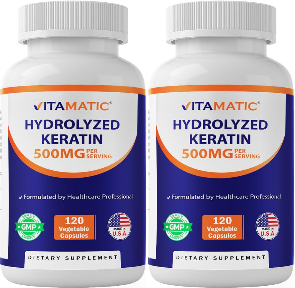 Vitamatic hydrolyzed keratin bottle showing 500 mg serving supports hair and nails