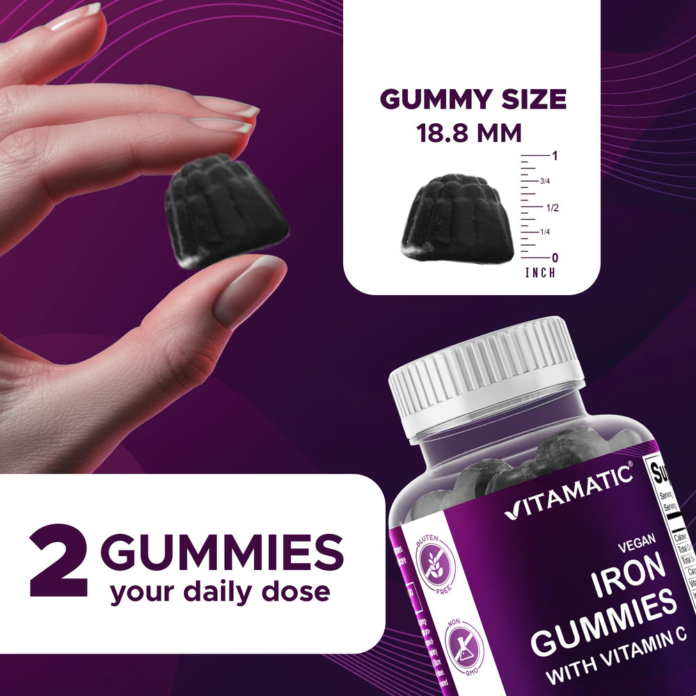Vitamatic Iron 65 mg bottle label showing vegan and allergen-free profile