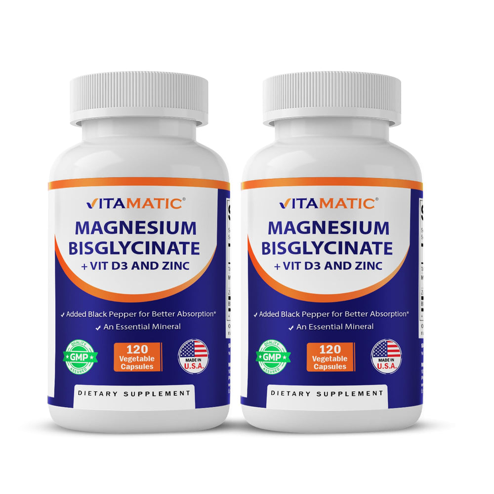Vitamatic Magnesium bottle with bisglycinate and oxide blend for enhanced absorption may support muscle health.