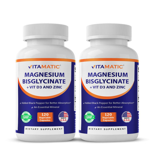 Vitamatic Magnesium bottle with bisglycinate and oxide blend for enhanced absorption may support muscle health.