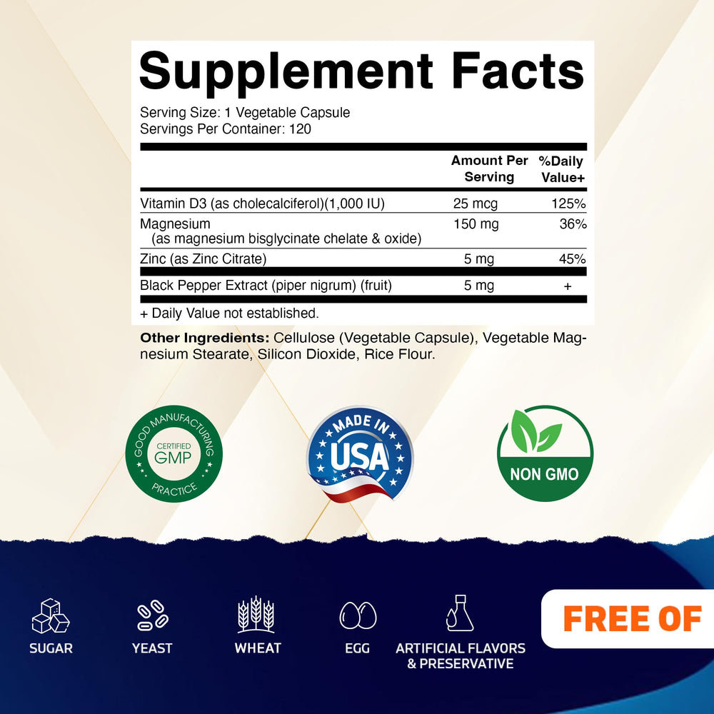 Vitamatic Magnesium capsules label showing D3 and Zinc for daily wellness support.