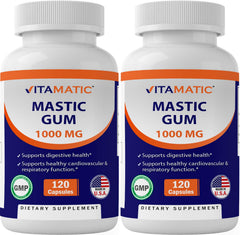 Vitamatic mastic gum 2-pack bottle supports digestive comfort and oral wellness.