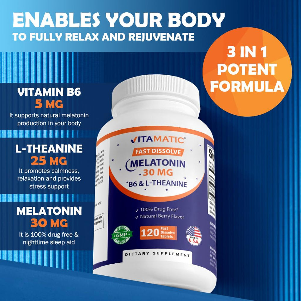 Vitamatic Melatonin 30 mg back-label details.