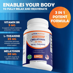 Vitamatic Melatonin 30 mg back-label details.