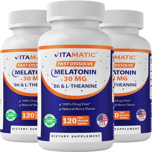 Vitamatic Melatonin 30 mg bottle front with berry flavor label.