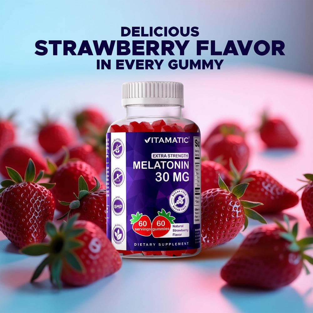 Vitamatic Melatonin Gummies sugar-free badge on bottle for clean ingredients