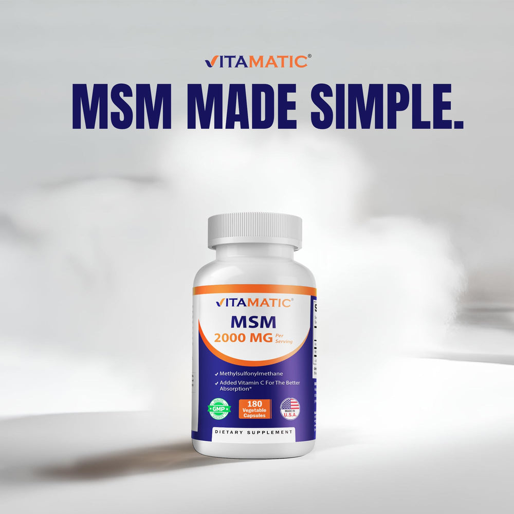 Vitamatic MSM Non-GMO and Gluten-Free label signals purity.